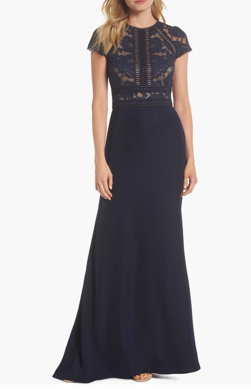 Tadashi Shoji Navy Lace & Crepe A-Line Gown - Size 10 (NWOT)